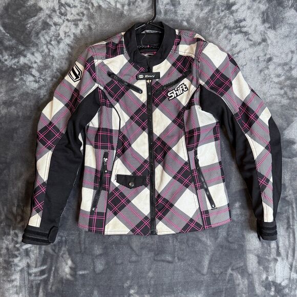 Shift Women's Envy Biker Jacket Long Sleeve Size Small Plaid Pink Black Full-Zip - Picture 1 of 7